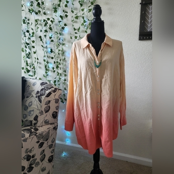 Soft Surroundings OSFM 100% Cotton Ocean Orange Ombre Button Up Tunic Shirt - Picture 1 of 7